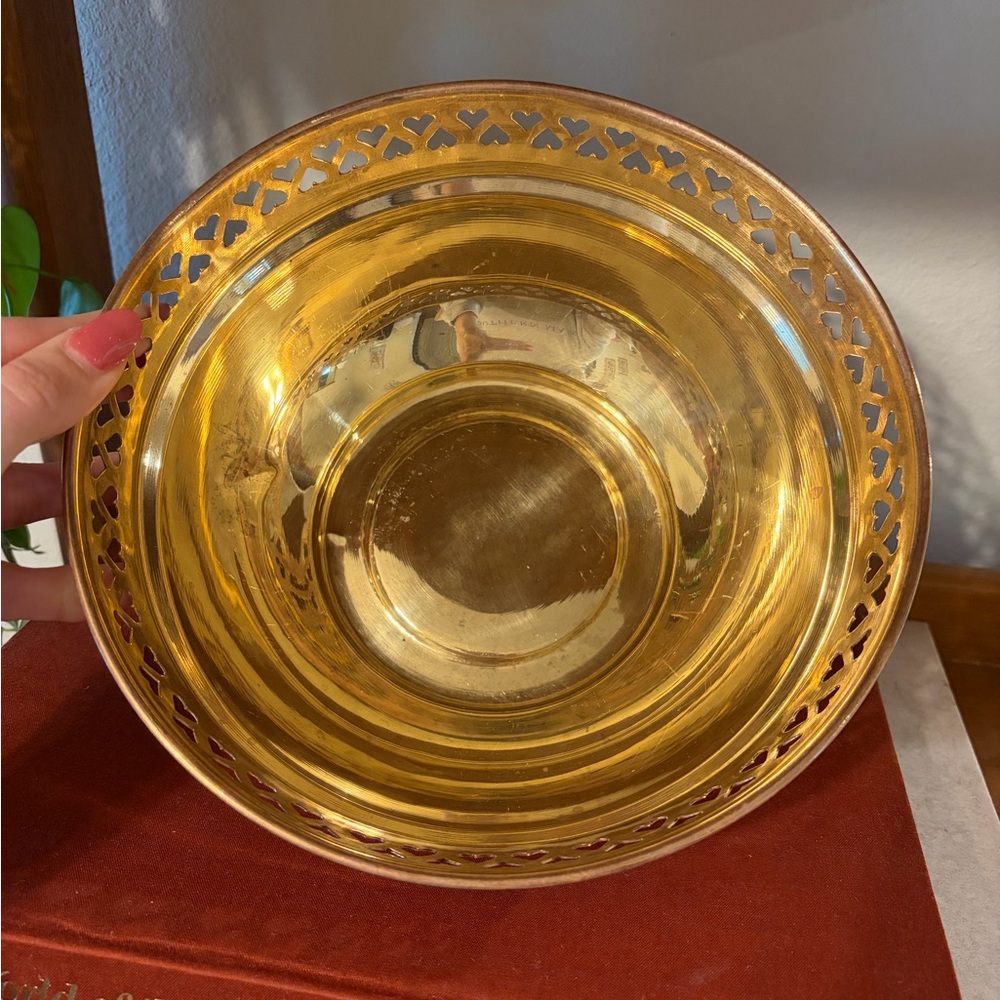 Vintage Brass Bowl Planter Pot with Heart Cutouts - Picture 7 of 10